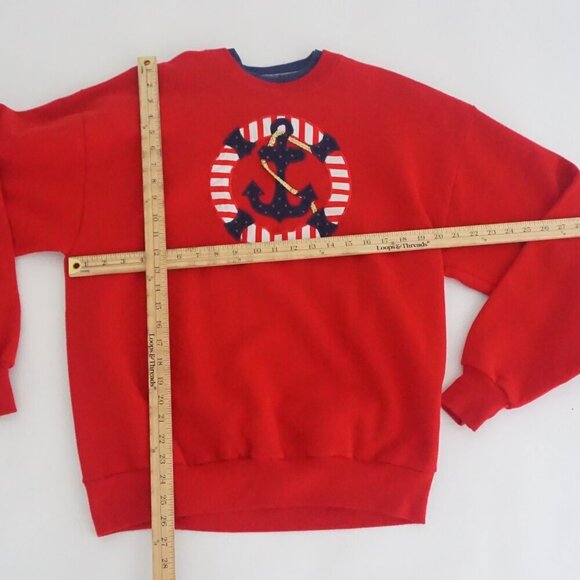 Vintage 90S Jerzees Red Blue Embroidered Nautical Crew Neck Sweater L - Picture 4 of 11